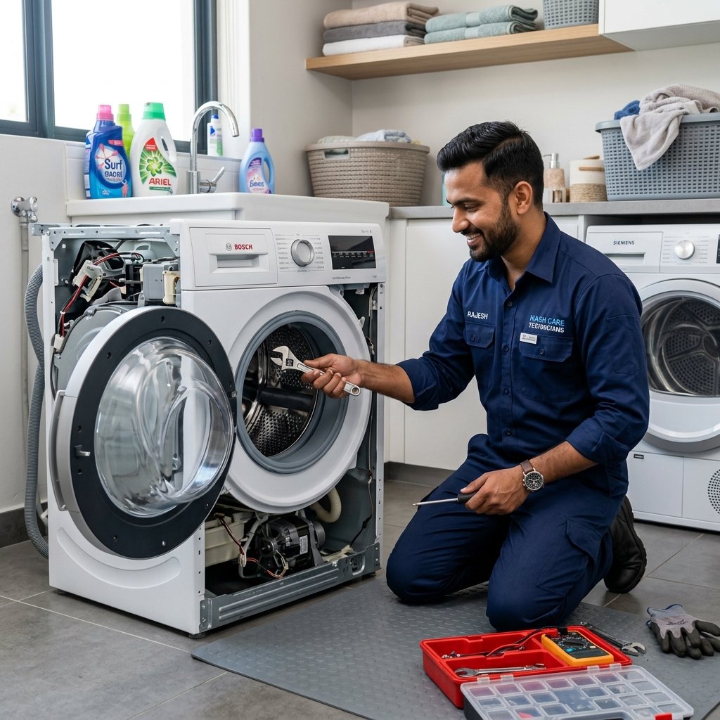 Indian technician performing washing machine drum repair